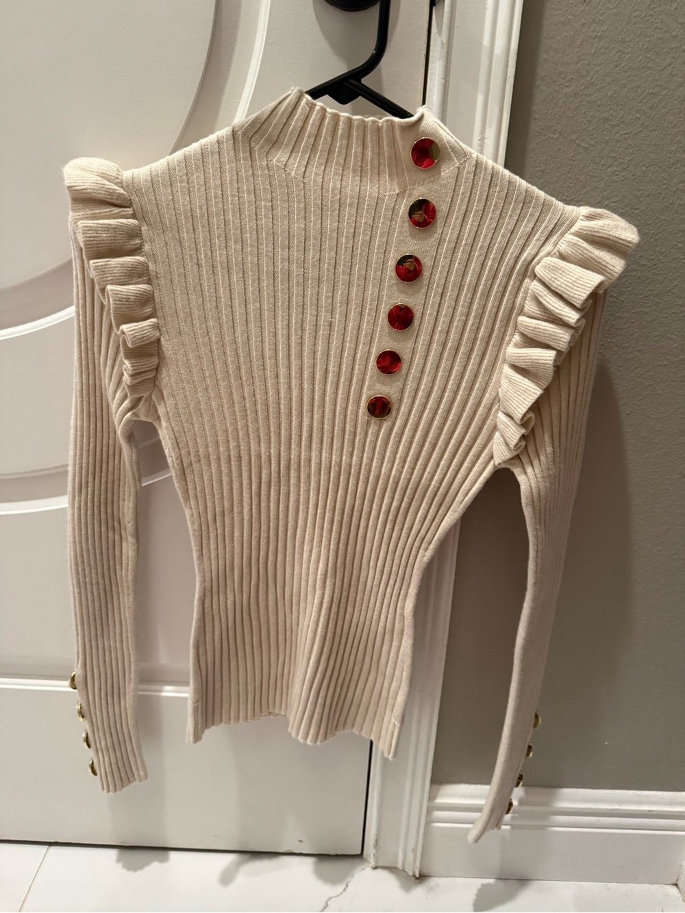 Unlisted Cream Ribbed Mock Neck Sweater with Red Accent Buttons